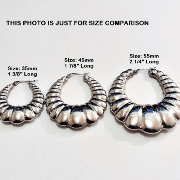 2 1/4 Inch Scalloped Shrimp Hoop Pierced Post Earrings Silver Plated Rib Lined - Picture 5 of 9